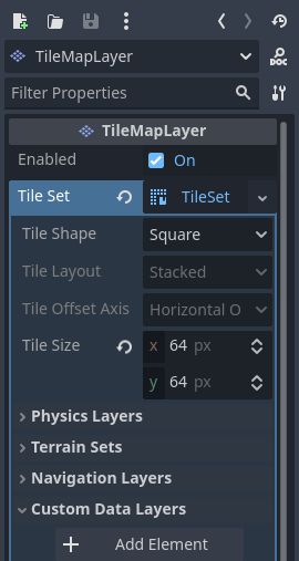 Creating a custom data layer in the TileSet resource inspector (within the TileMapLayer node)